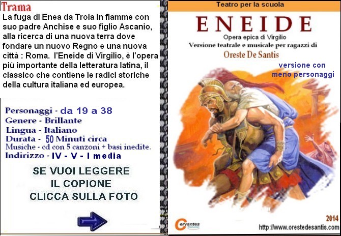 ENEIDE testo teatrale in musica per bambini di Oreste De Santis, recita,  scuola, enea, didone, roma, re latino, mercurio , giove,  giunone,palinuro,eolo,nettuno, fondazione, di,ercole, sibilla  cumana,venere, troia, giunone, anchise, ascanio, 5 classe,quint